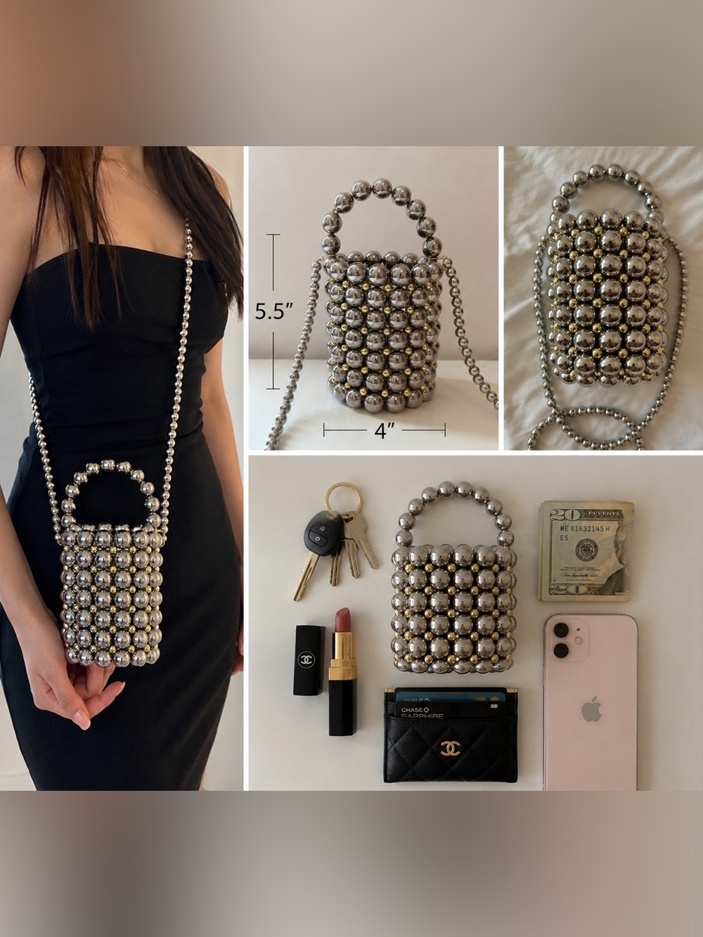 Silver Metallic Beaded Mini Bucket Bag Crossbody Top Handle Evening Purse 5.5"